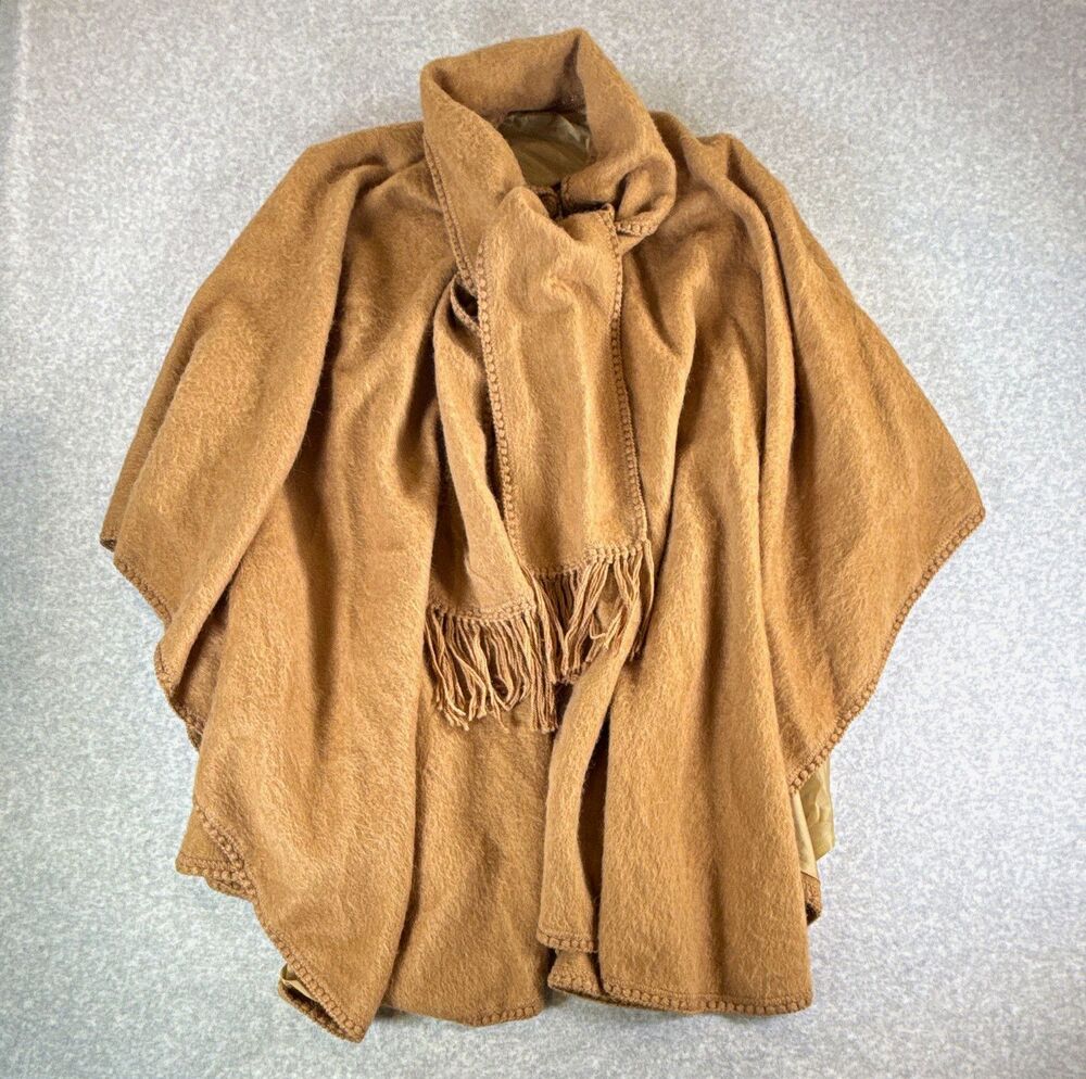 Simply Natural Alpaca Cape Attached Scarf Fringe Camel Tan Poncho Shawl One Size